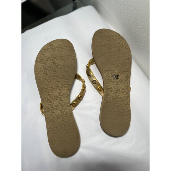 Tory‎ Burch Ricki Logo Studded Gold Leather Flat Thong Flip Flops Sandals Size 6 - Picture 4 of 10